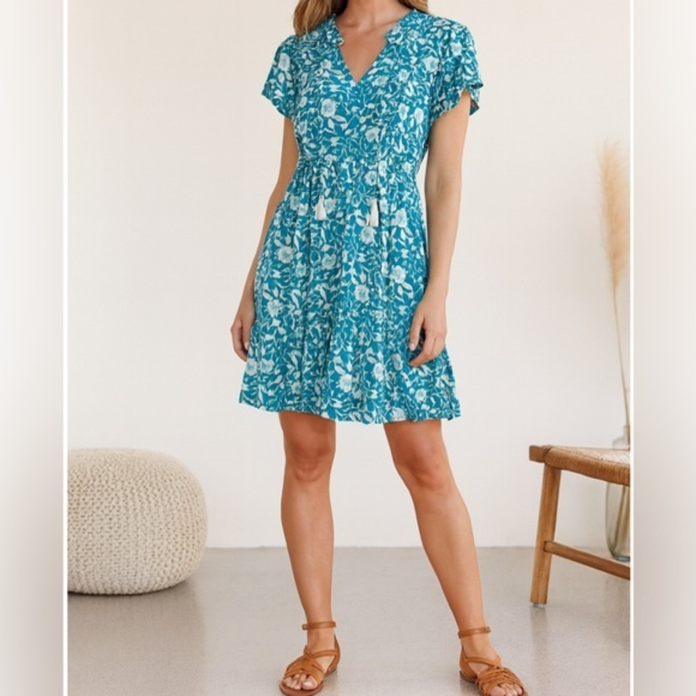 Mila Mae Cottagecore Tie Neck Mini Dress in Teal Floral